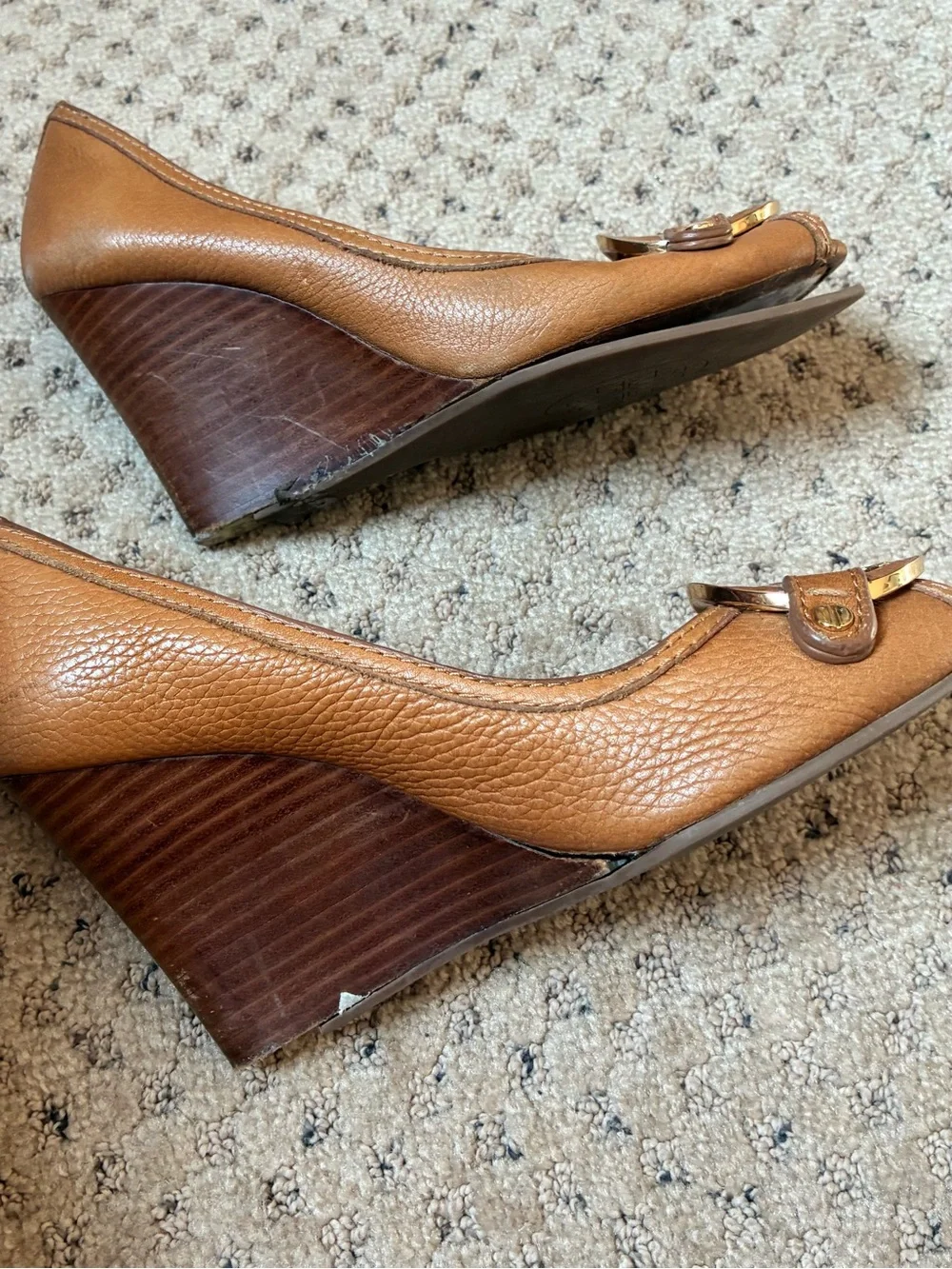 Tory Burch Tan Leather Peep-Toe Wedges with Logo Medallion